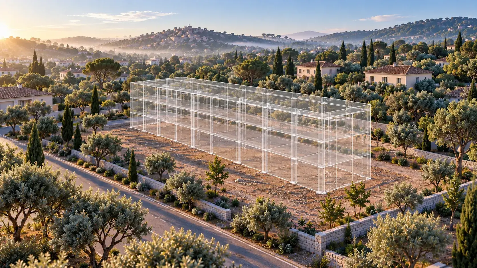 Volume d'un futur bâtiment CLÉ dessiné en fil de fer sur un terrain