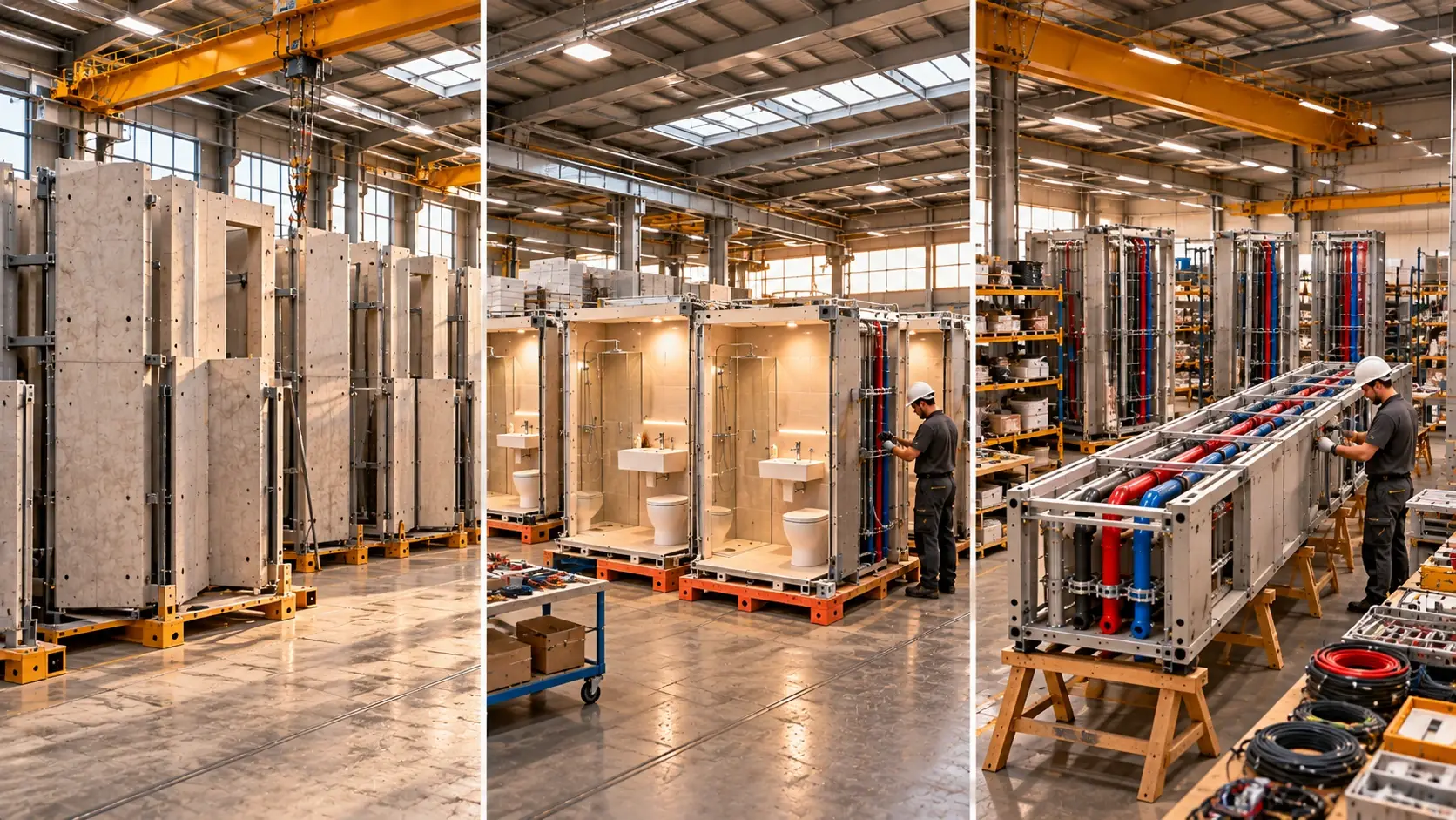 Trois ateliers de préfabrication : murs en béton, salles de bains et gaines techniques