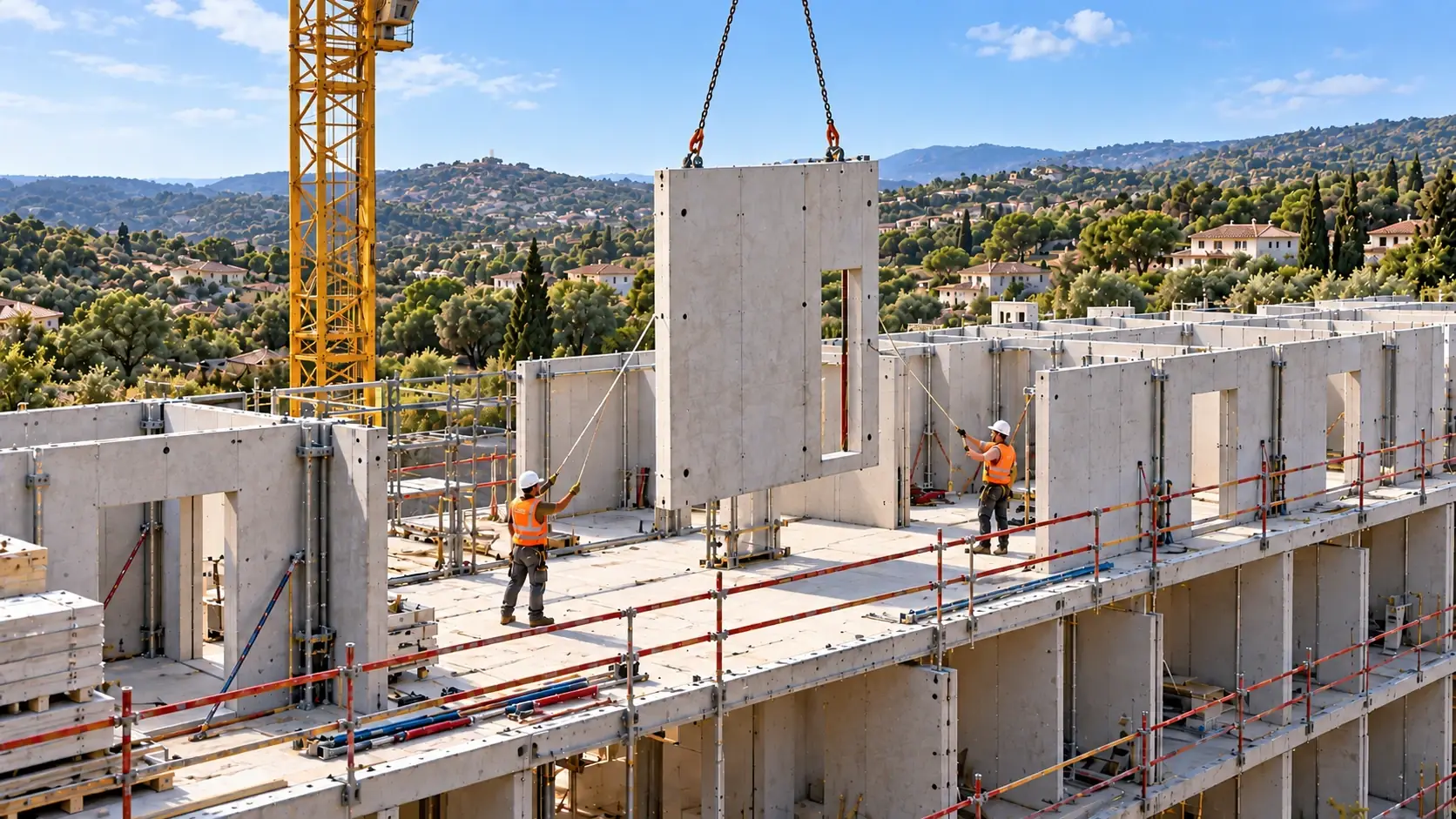 Pose à la grue d'un mur en béton préfabriqué sur un chantier CLÉ