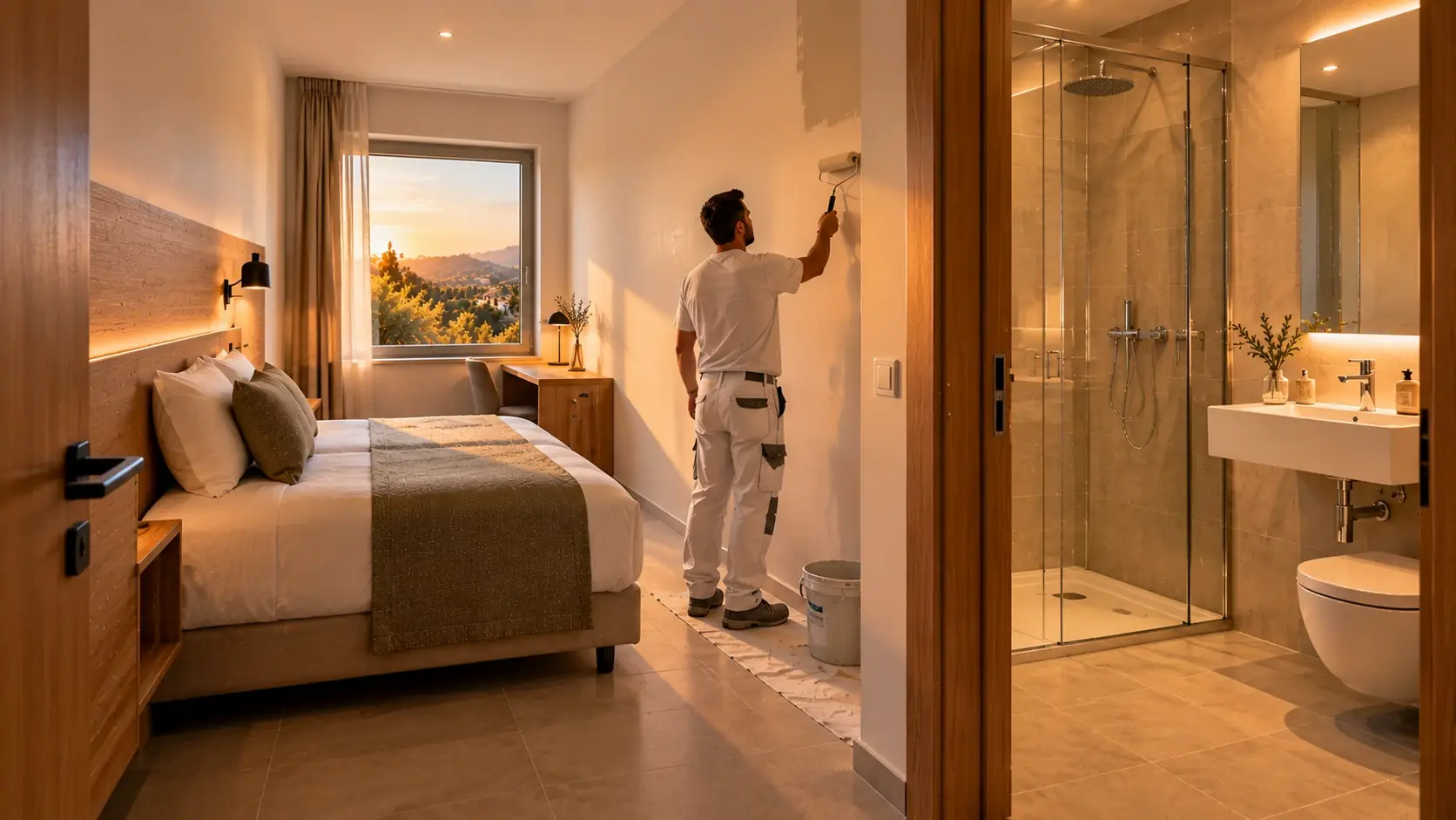 Chambre d'hôtel CLÉ en cours de finition, avec sa salle de bains préfabriquée déjà en place