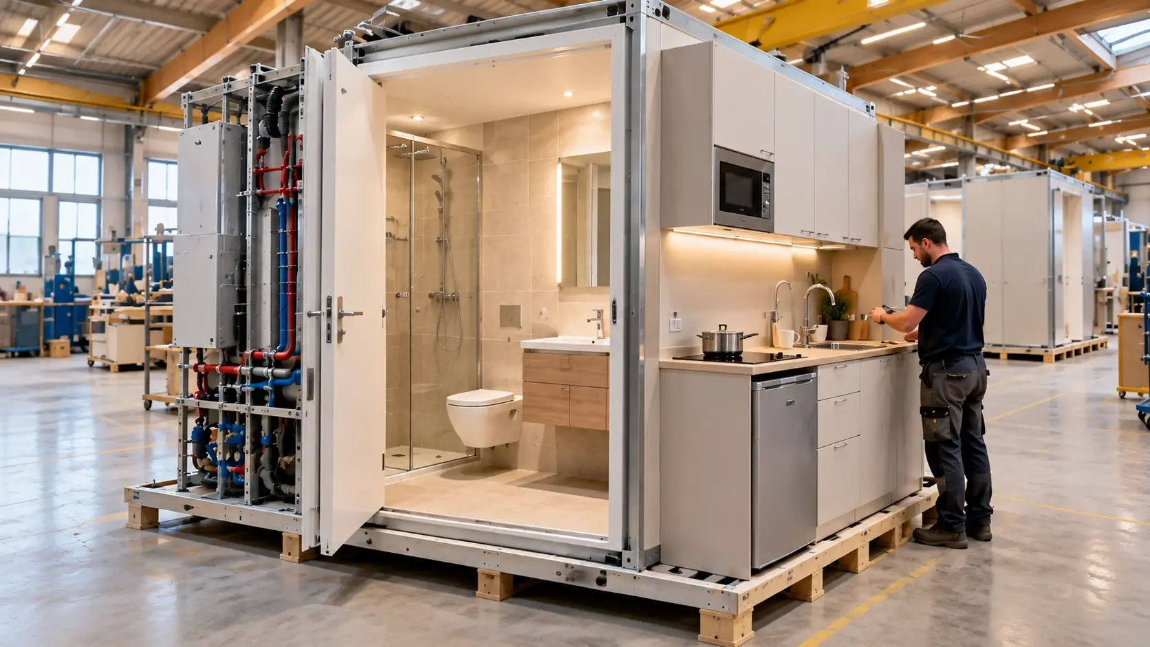 Bloc préfabriqué réunissant une salle de bains et une kitchenette adossée, contrôlé en atelier avant livraison