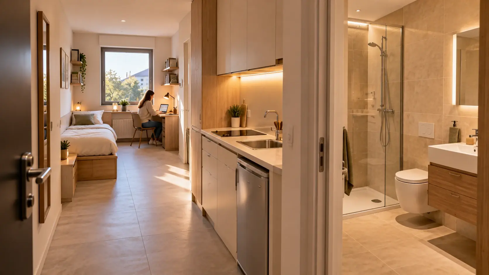 Studio étudiant CLÉ : salle de bains et kitchenette à l'entrée, lit et bureau côté fenêtre
