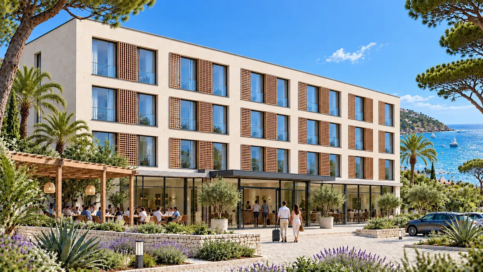 Hôtel CLÉ en version littoral : enduit blanc, claustras en bois et toit plat face à la mer