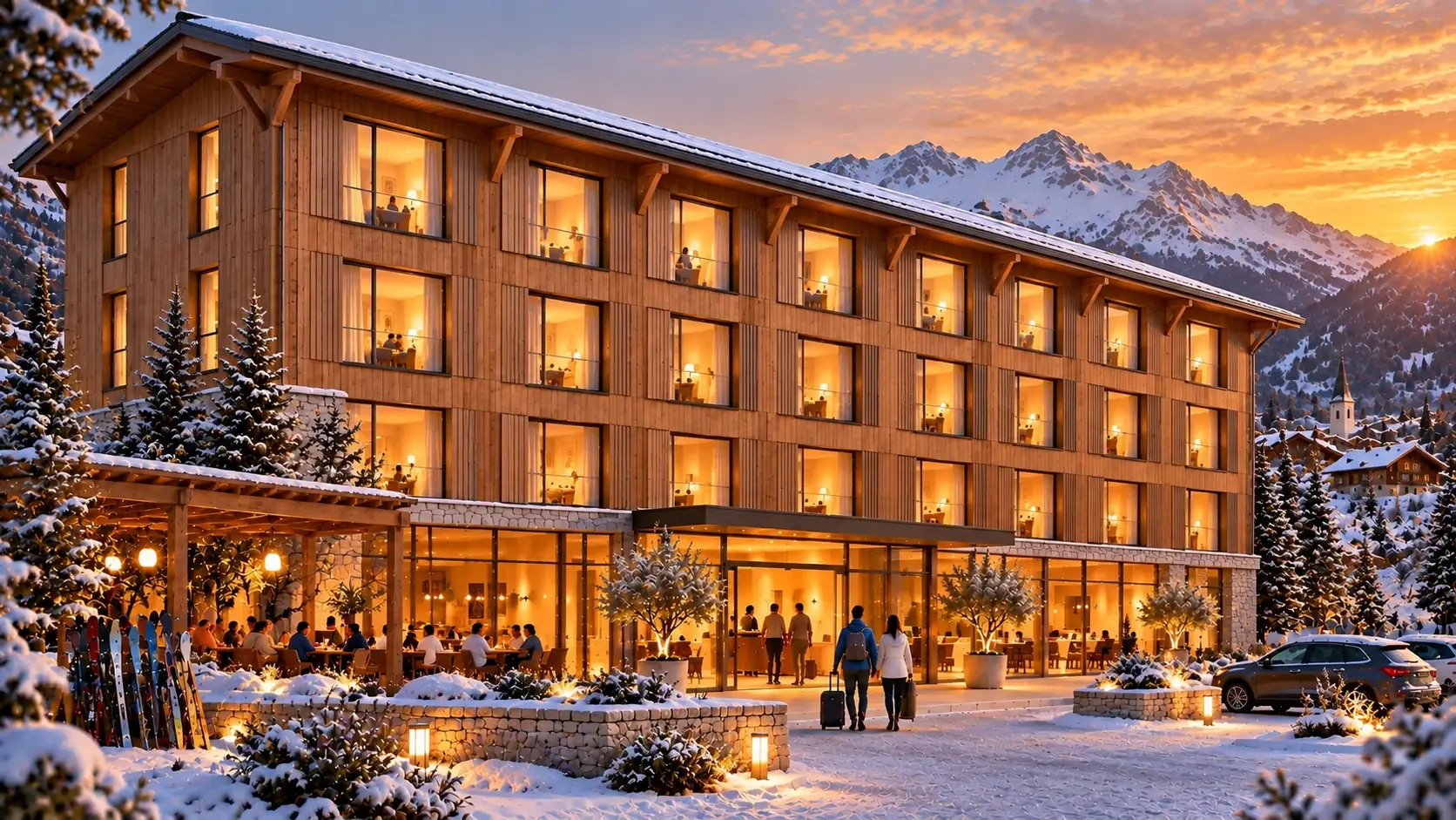 Hôtel CLÉ en version montagne : toit à forte pente, bardage en mélèze et soubassement en pierre