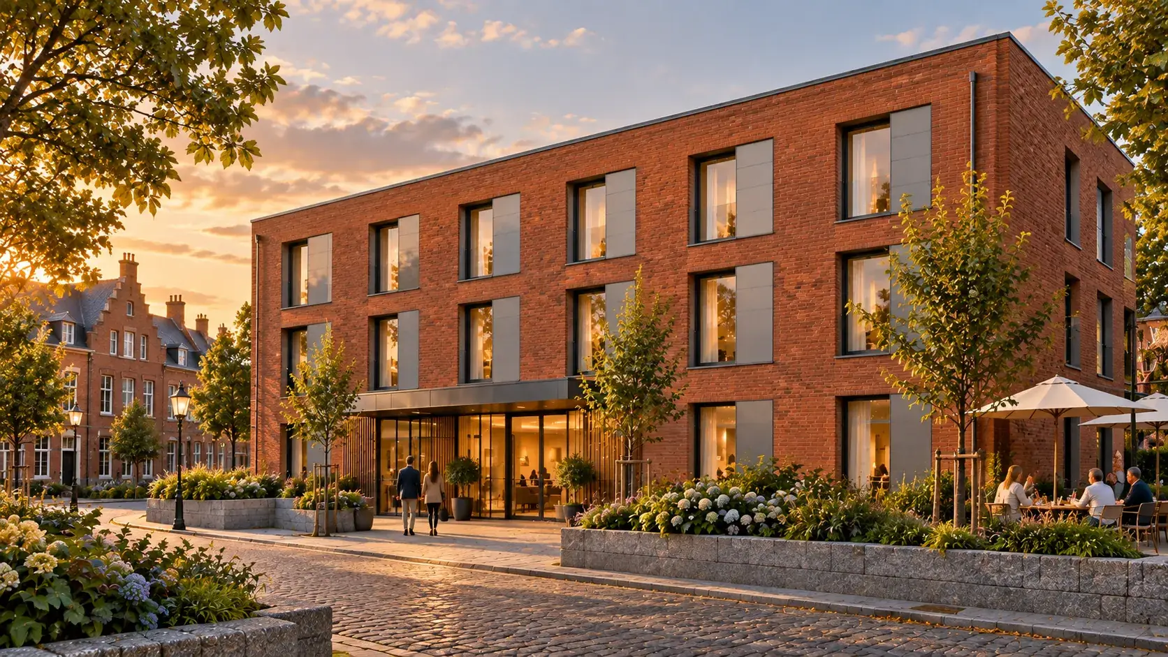 Hôtel CLÉ en version nord : façade en brique rouge et toit plat