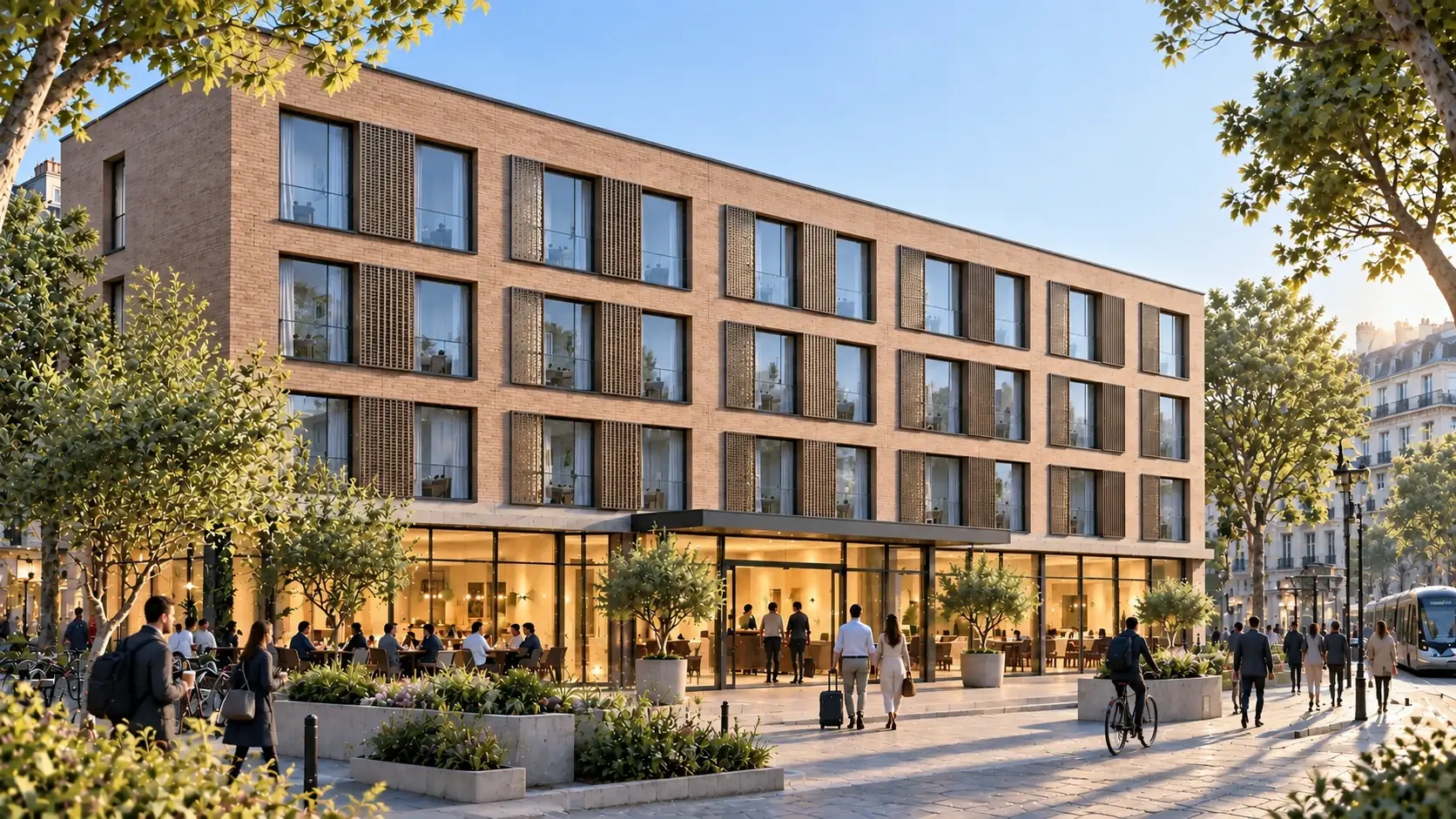 Hôtel CLÉ en version ville : façade en brique claire et panneaux métalliques